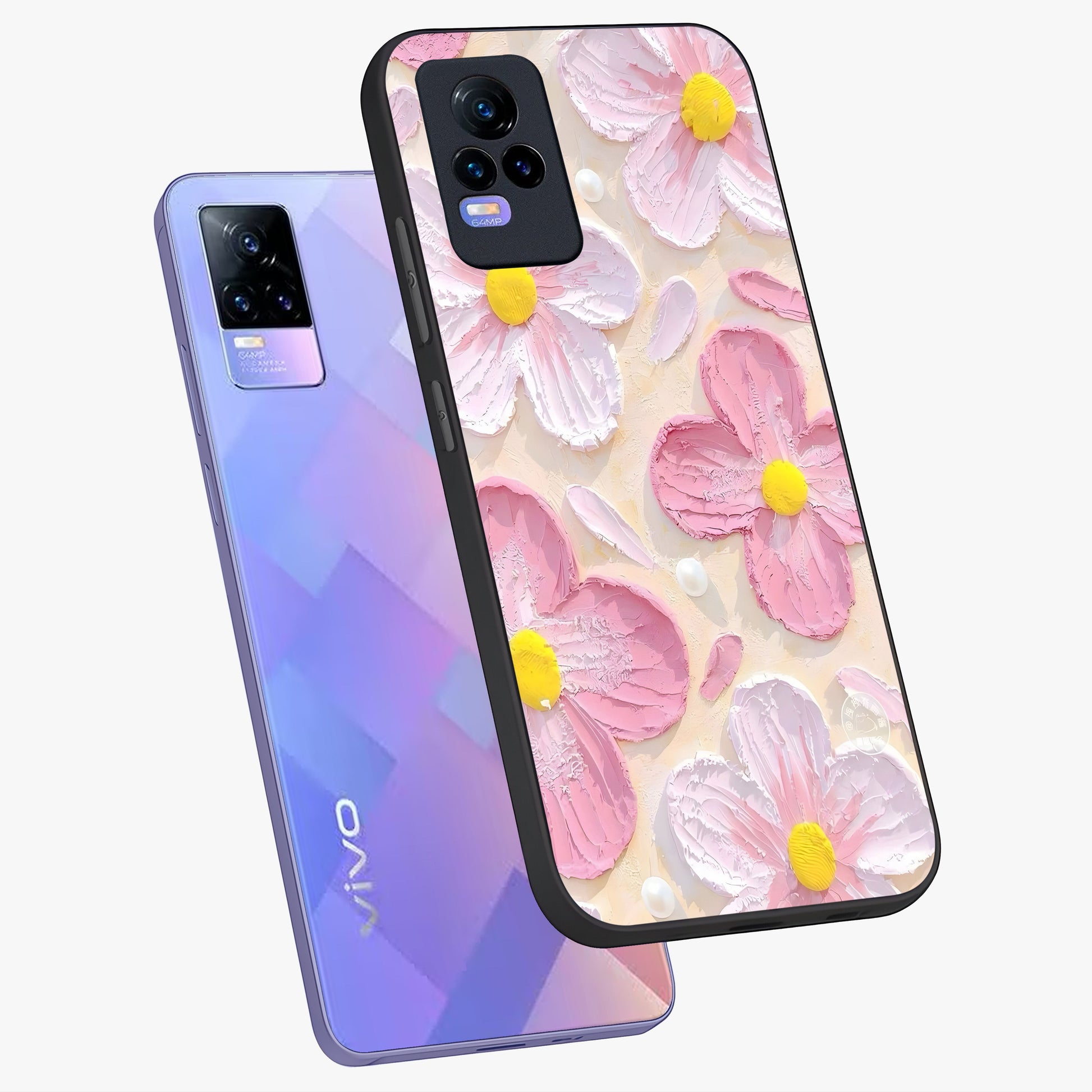 Blush Bloom Texture Glass Case displayed in angled mockup highlighting subtle bloom pattern with aesthetic pastel design.