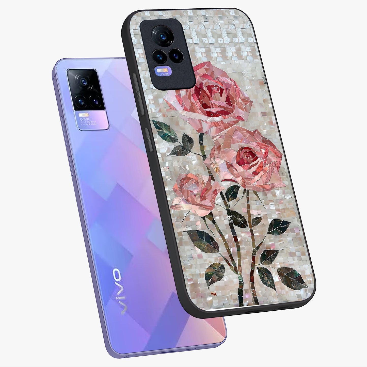 Blush Mosaic Bloom Glass Case displayed in angled mockup highlighting artistic mosaic flower pattern with aesthetic design.