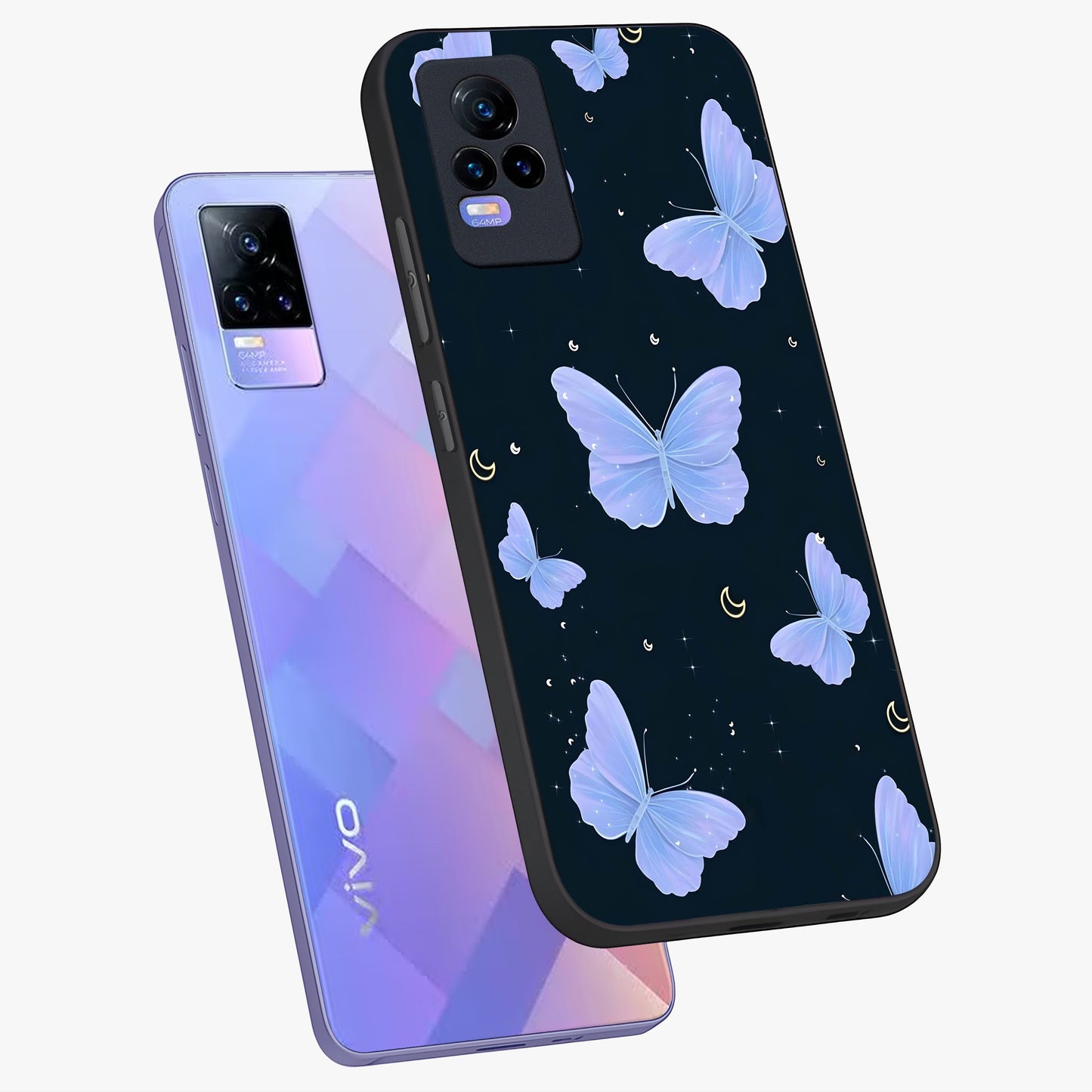 Butterfly With Stars Pattern Glass Case displayed in angled mockup highlighting dreamy butterfly and star design with aesthetic theme.