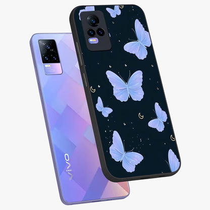 Butterfly With Stars Pattern Glass Case displayed in angled mockup highlighting dreamy butterfly and star design with aesthetic theme.
