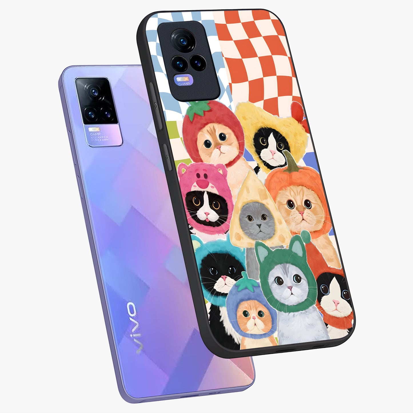 Cats in Fruits Glass Case displayed in angled mockup highlighting cute feline fruit design with colorful aesthetic style.