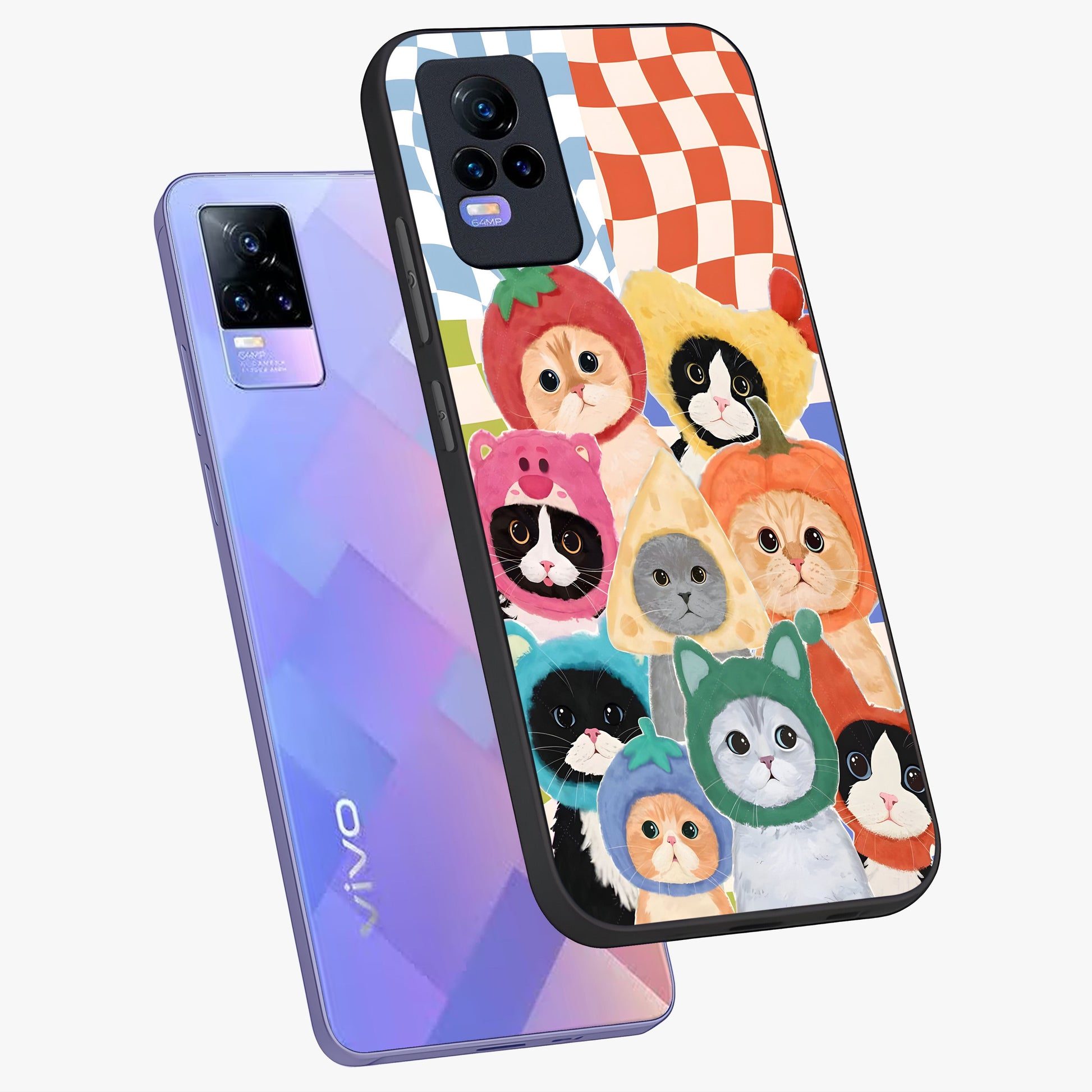 Cats in Fruits Glass Case displayed in angled mockup highlighting cute feline fruit design with colorful aesthetic style.
