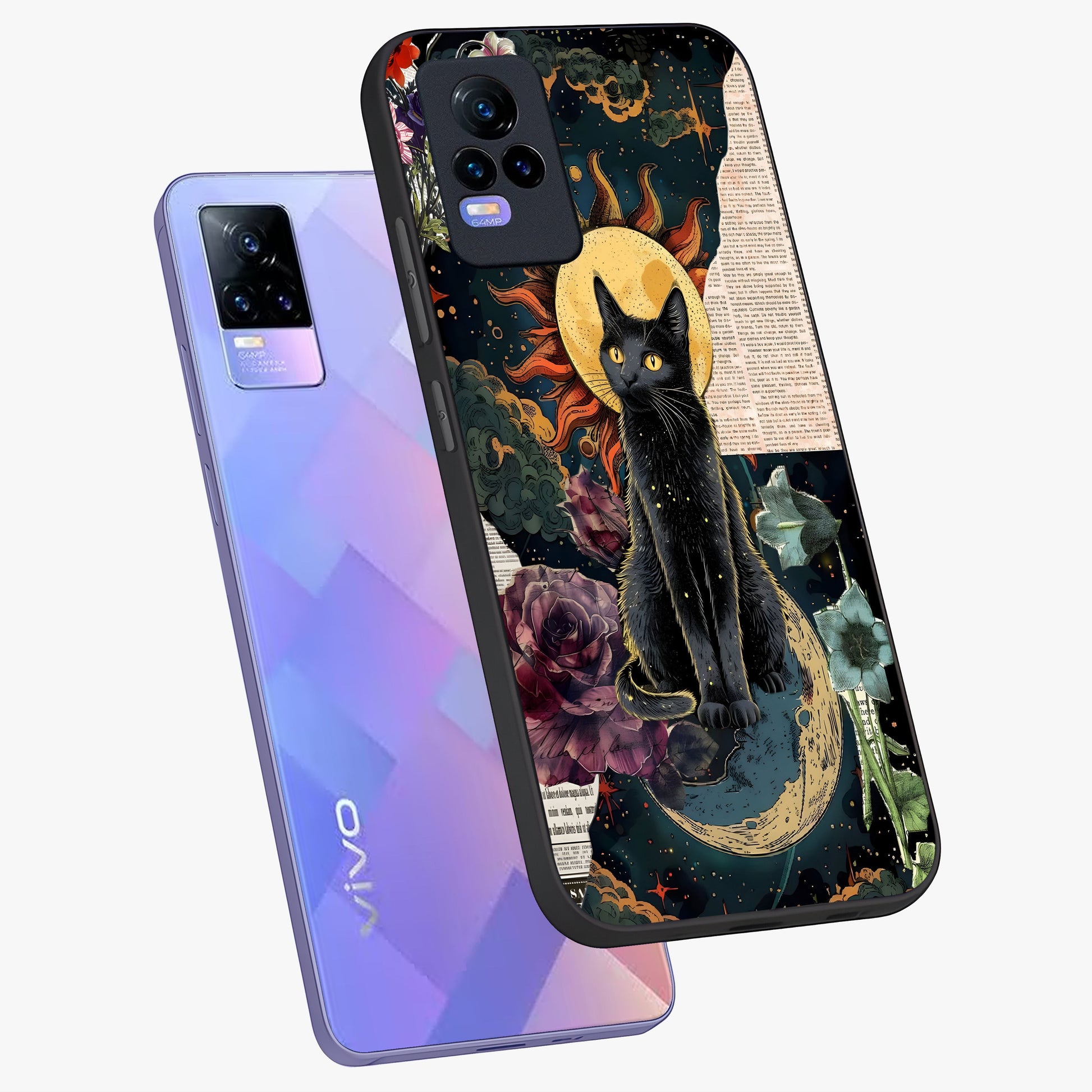 Celestial Black Cat Glass Case displayed in angled mockup highlighting cosmic black cat design with celestial aesthetic.