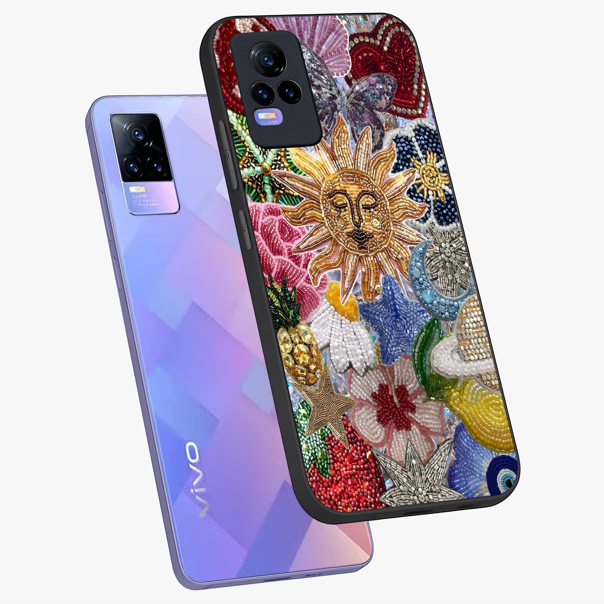 Celestial Floral and Playful Glass Case displayed in angled mockup highlighting playful floral design with dreamy celestial elements.