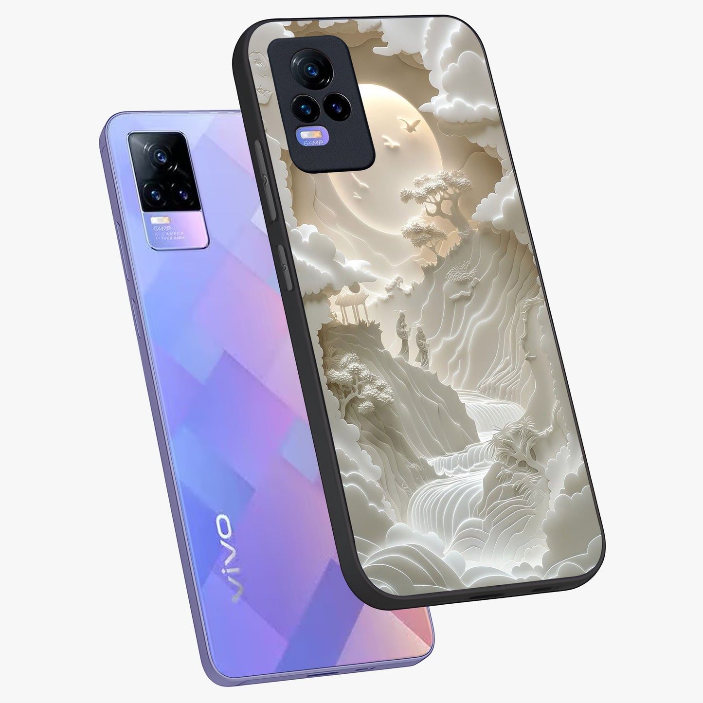 Celestial Origami Glass Case displayed in angled mockup highlighting geometric origami design with cosmic aesthetic theme.