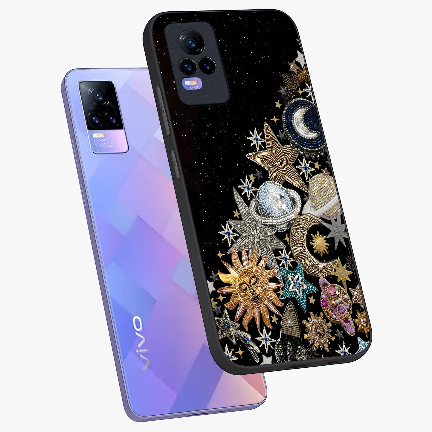 Cosmic Sparkle Dreams Glass Case displayed in angled mockup highlighting dreamy star sparkle design with celestial aesthetic.