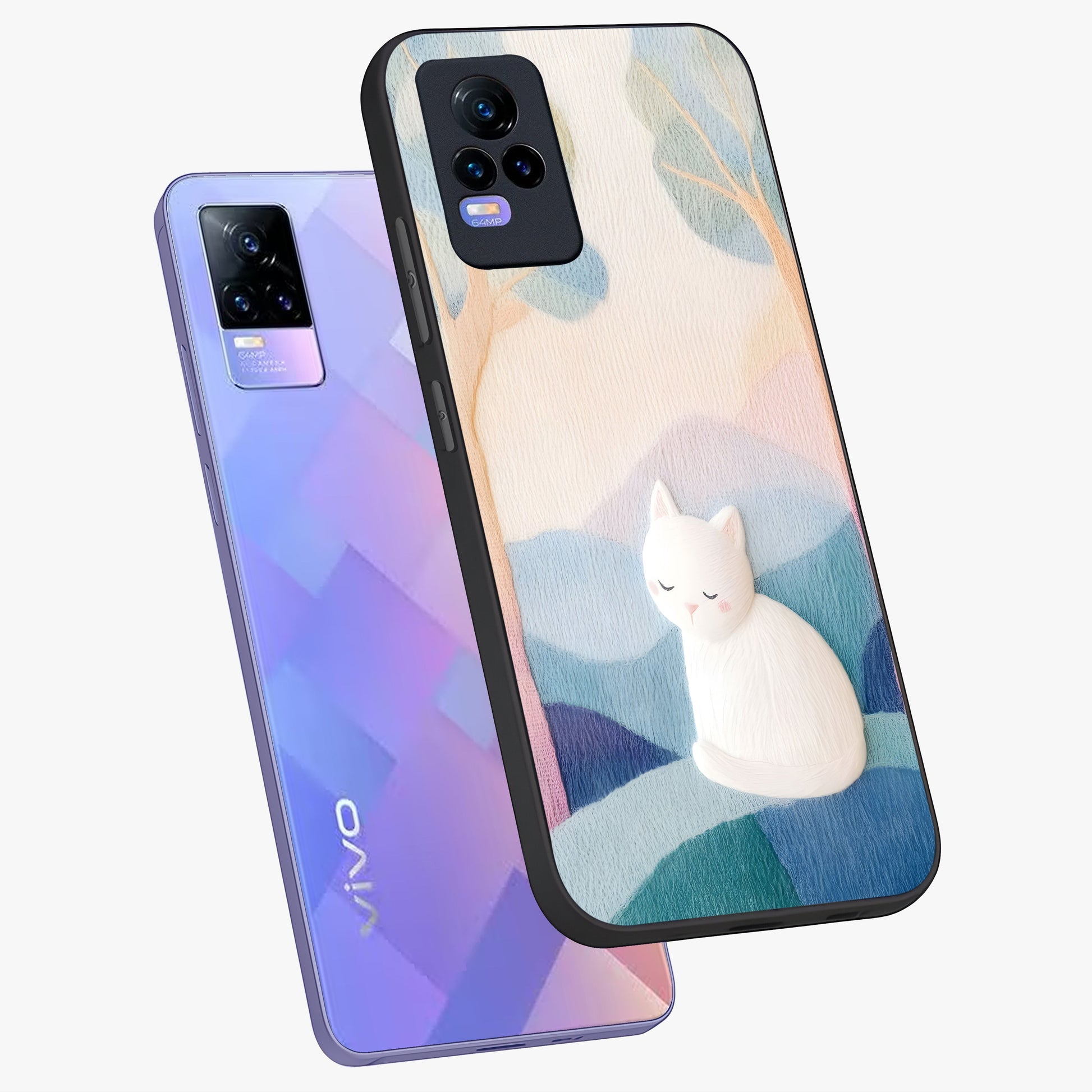 Cotton Dream Cat Glass Case displayed in angled mockup highlighting cute feline illustration with pastel aesthetic style.