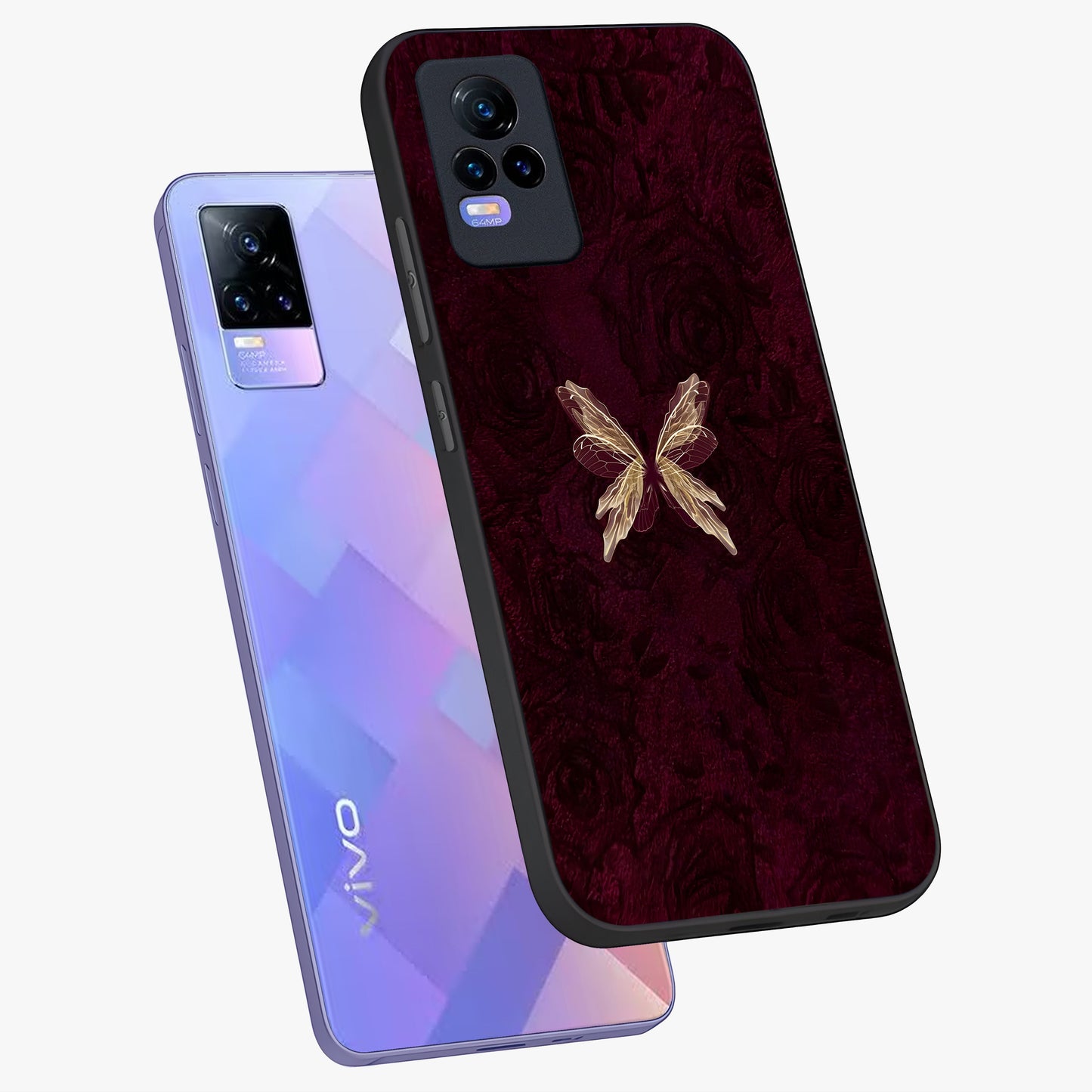 Crimson Fade Butterfly Glass Case displayed in angled mockup highlighting elegant butterfly design with crimson gradient aesthetic.