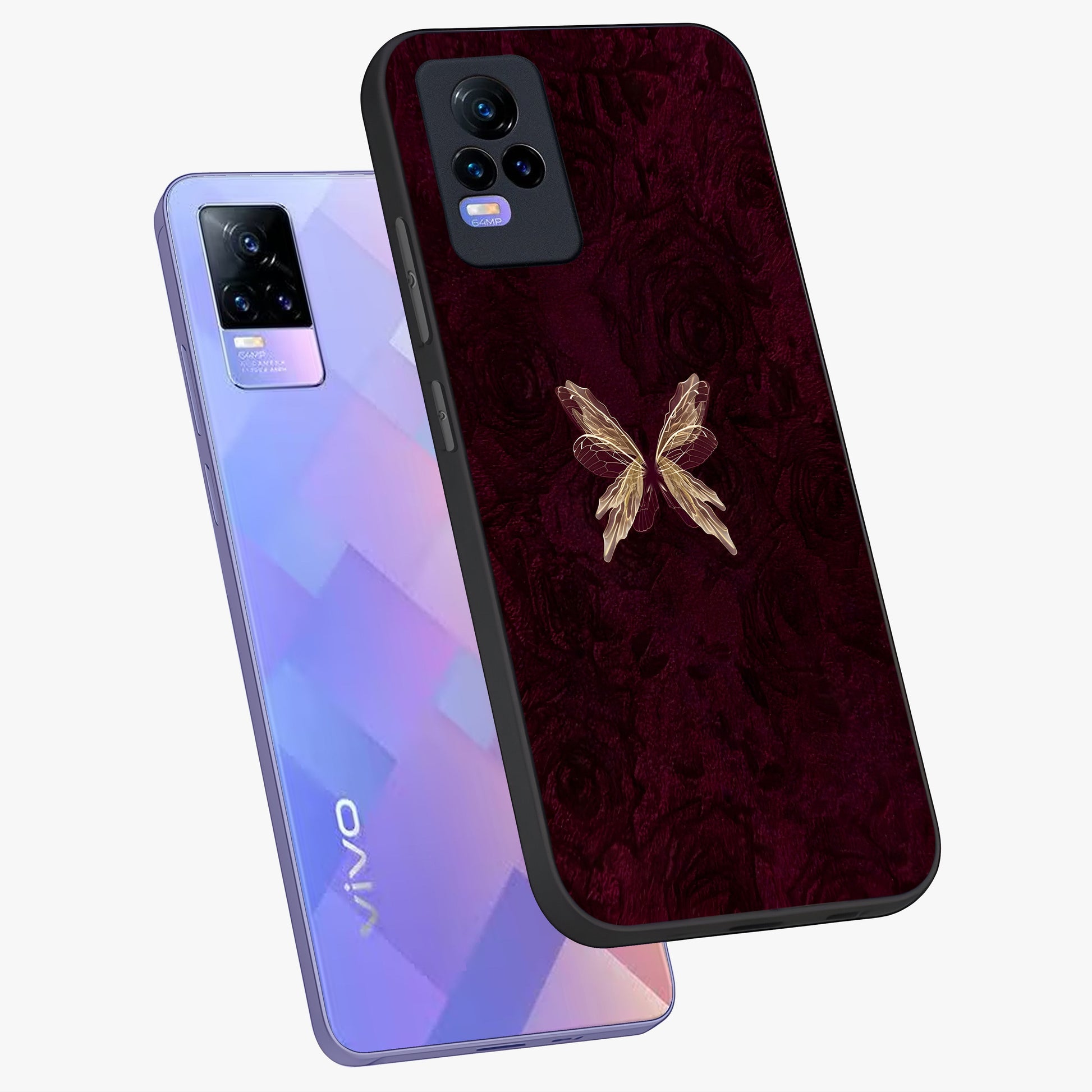 Crimson Fade Butterfly Glass Case displayed in angled mockup highlighting elegant butterfly design with crimson gradient aesthetic.