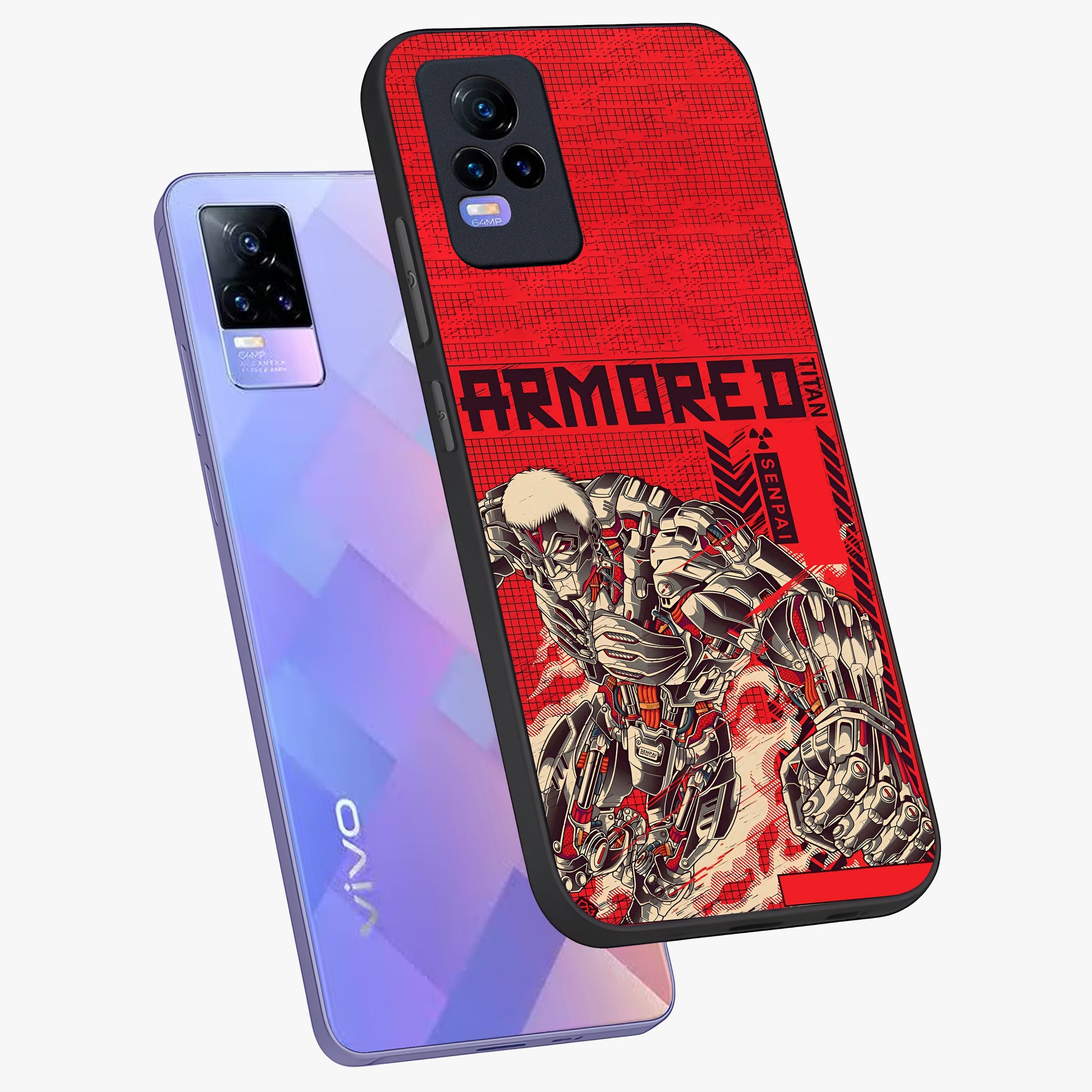 Crimson Mecha Titan Glass Case displayed in angled mockup highlighting futuristic mech illustration with bold crimson aesthetic.