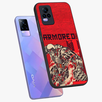 Crimson Mecha Titan Glass Case displayed in angled mockup highlighting futuristic mech illustration with bold crimson aesthetic.