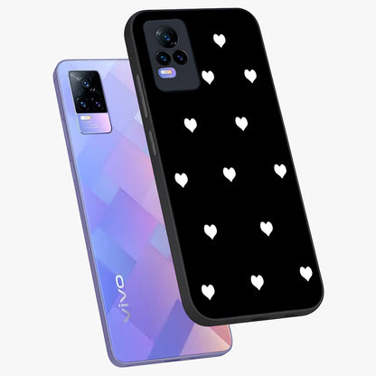 Cute And Simple White Hearts Glass Case displayed in angled mockup highlighting cute heart design with clean aesthetic style.