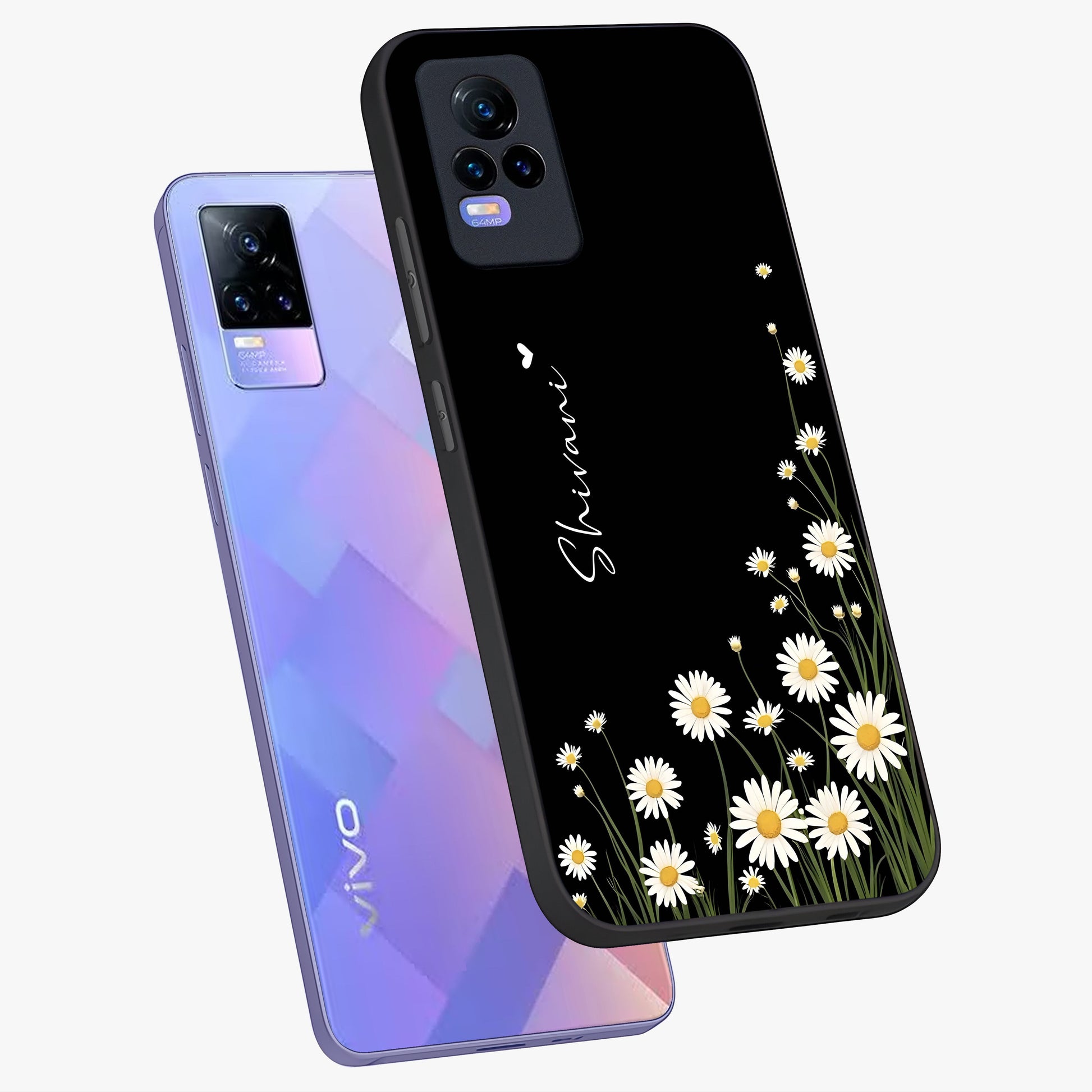 Daisy Cascade Custom Name Glass Case displayed in angled mockup highlighting delicate daisy artwork with custom name feature.