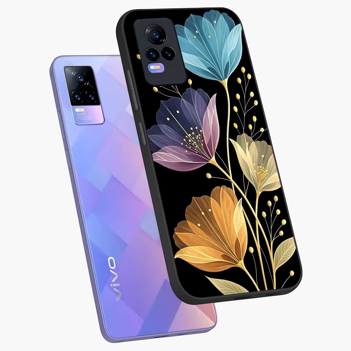 Delicate Multicolor Flowers Glass Case displayed in angled mockup highlighting colorful flower pattern with soft aesthetic style.