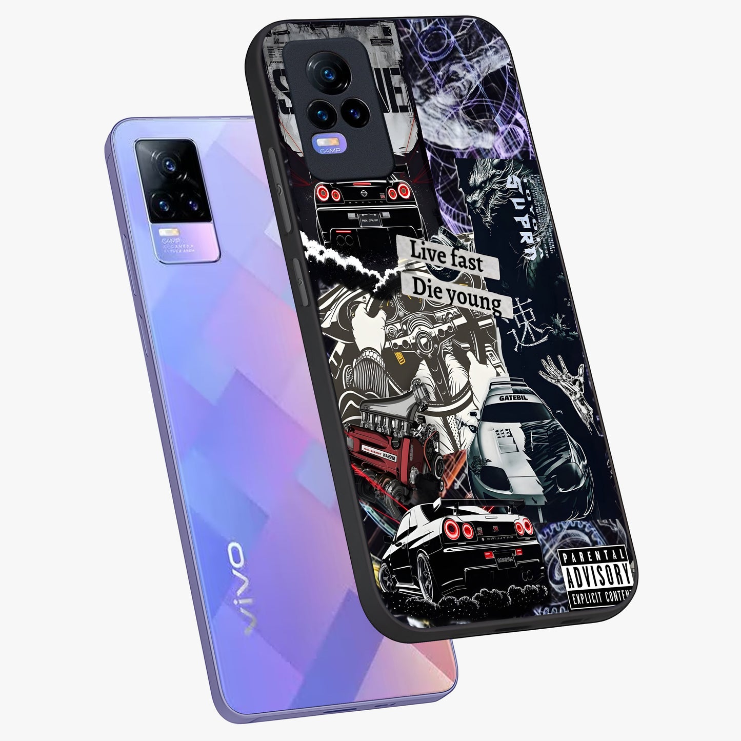 Die Young Glass Case displayed in angled mockup highlighting expressive graphic artwork with edgy aesthetic style.