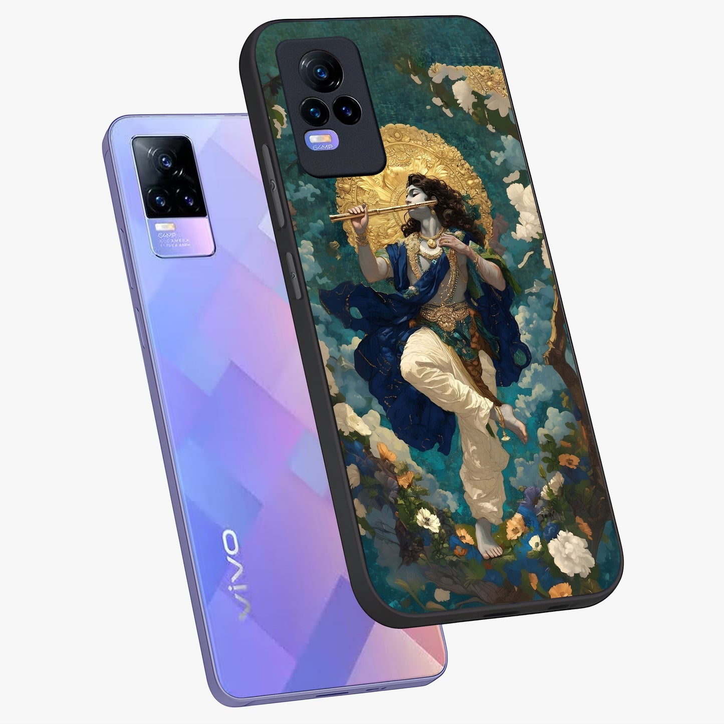 Divine Krishna Art Glass Case displayed in angled mockup highlighting spiritual Krishna illustration with devotional aesthetic.