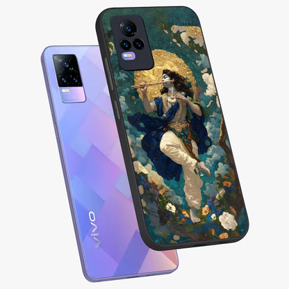 Divine Krishna Art Glass Case displayed in angled mockup highlighting spiritual Krishna illustration with devotional aesthetic.