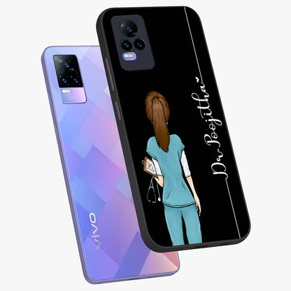 Doctor Pattern Custom Name Glass Case displayed in angled mockup highlighting doctor inspired artwork with custom name feature.