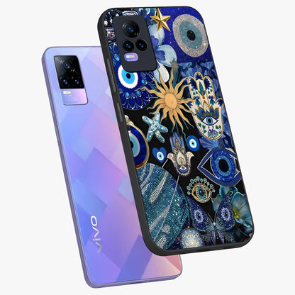 Evil Eye Charm Mix Glass Case displayed in angled mockup highlighting protective evil eye symbols with spiritual aesthetic design.