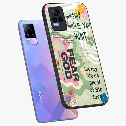 Faith Over Fear Glass Case displayed in angled mockup highlighting inspirational message design with modern aesthetic style.