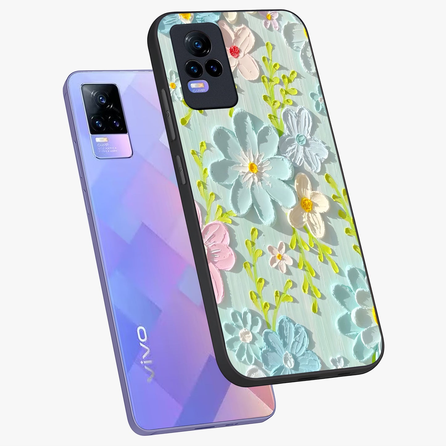 Frosted Petal Garden Glass Case displayed in angled mockup highlighting delicate flower petal design with calm garden aesthetic.