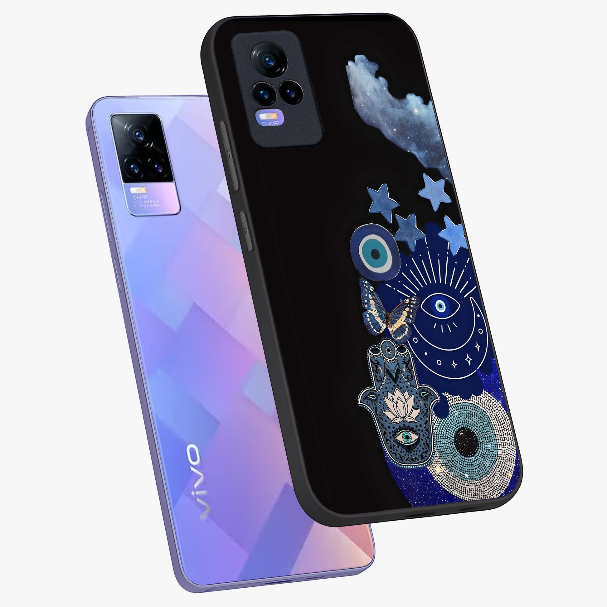 Galactic Charm Cluster Glass Case displayed in angled mockup highlighting luminous galaxy inspired design with dreamy aesthetic.