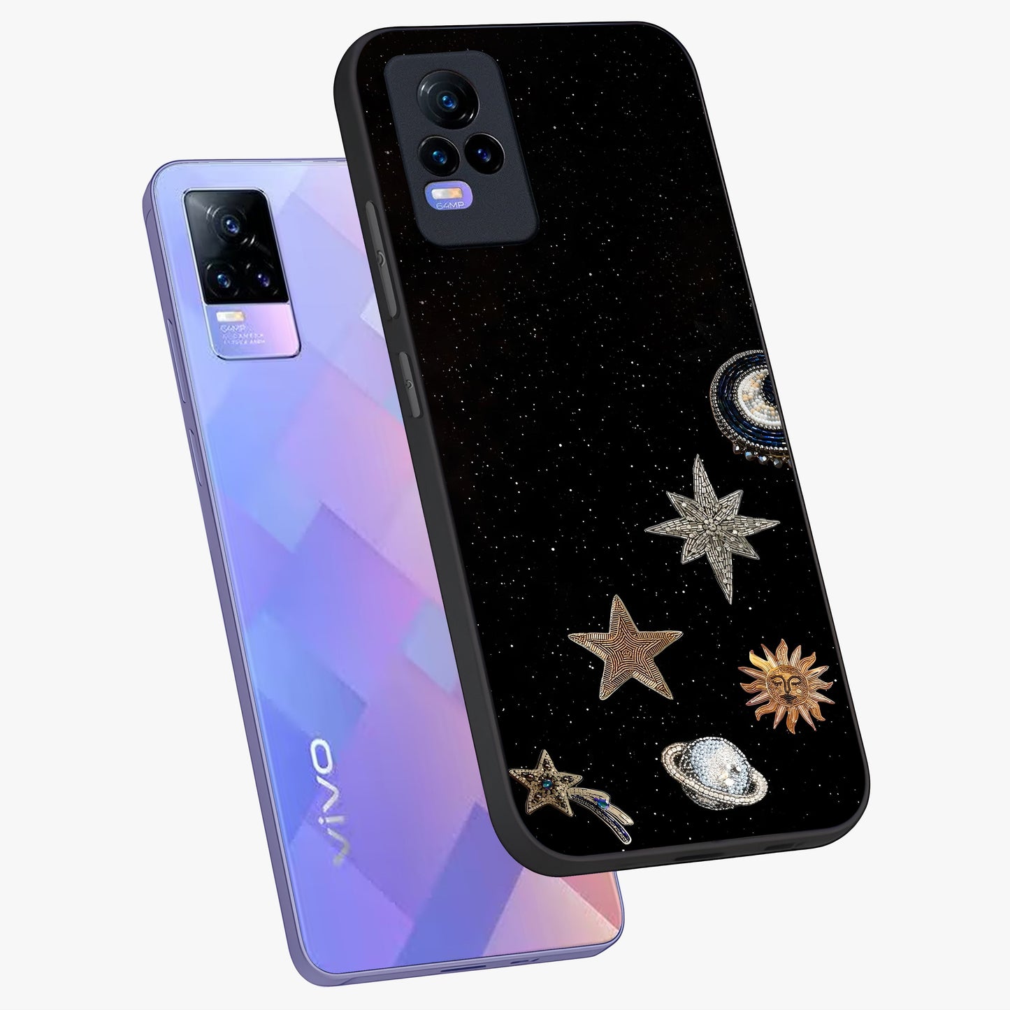 Galactic Charm Glow Glass Case displayed in angled mockup highlighting luminous galaxy inspired design with dreamy aesthetic.