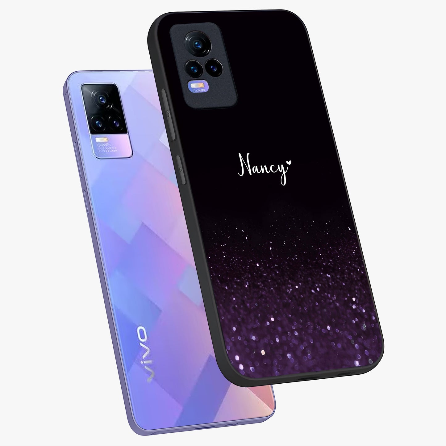 Glittery Purple Bokeh Custom Name Glass Case displayed in angled mockup highlighting glitter bokeh pattern with custom name feature.