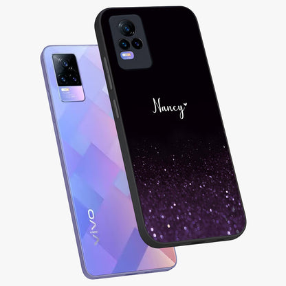 Glittery Purple Bokeh Custom Name Glass Case displayed in angled mockup highlighting glitter bokeh pattern with custom name feature.