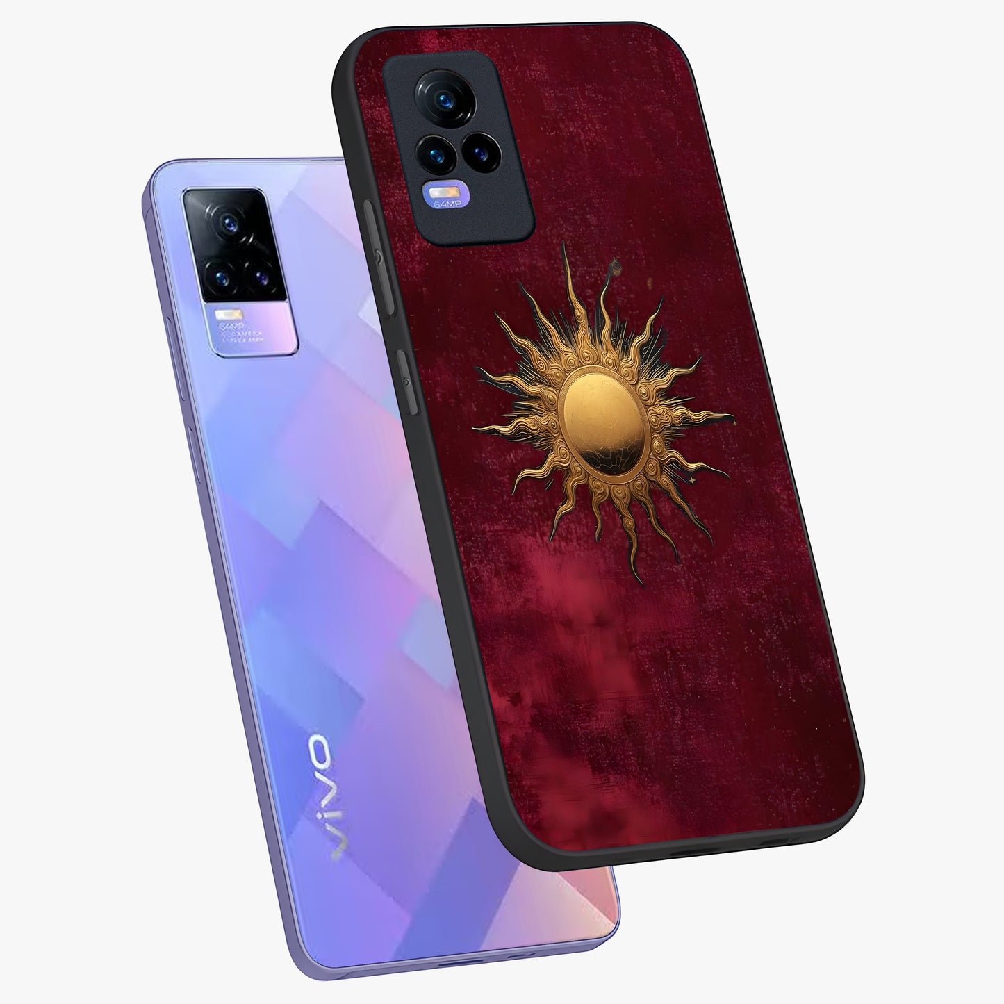 Golden Sun Minimalism Glass Case displayed in angled mockup highlighting clean sun symbol design with modern minimal aesthetic.