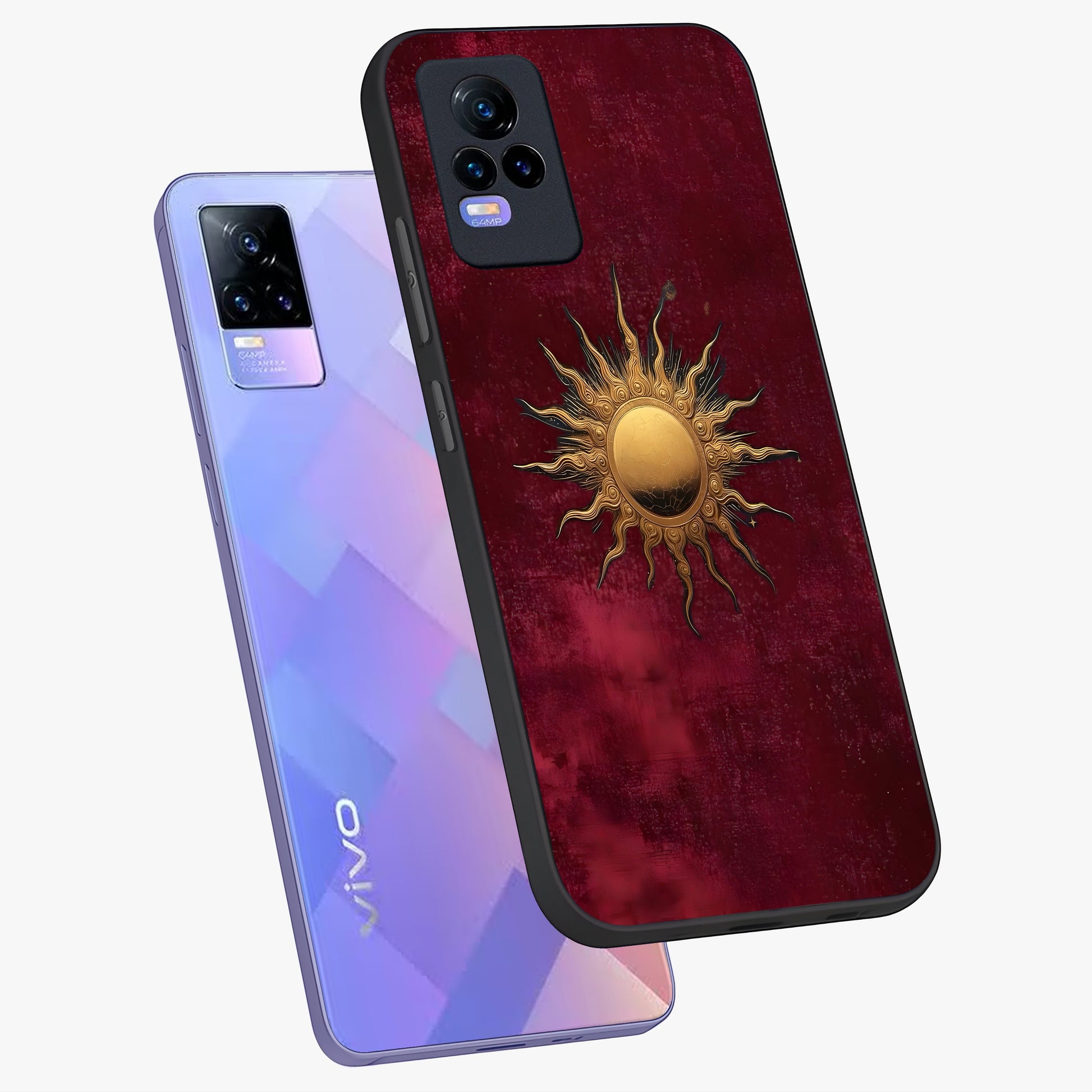 Golden Sun Minimalism Glass Case displayed in angled mockup highlighting clean sun symbol design with modern minimal aesthetic.