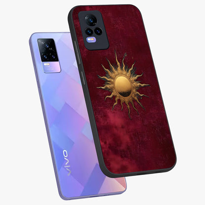 Golden Sun Minimalism Glass Case displayed in angled mockup highlighting clean sun symbol design with modern minimal aesthetic.