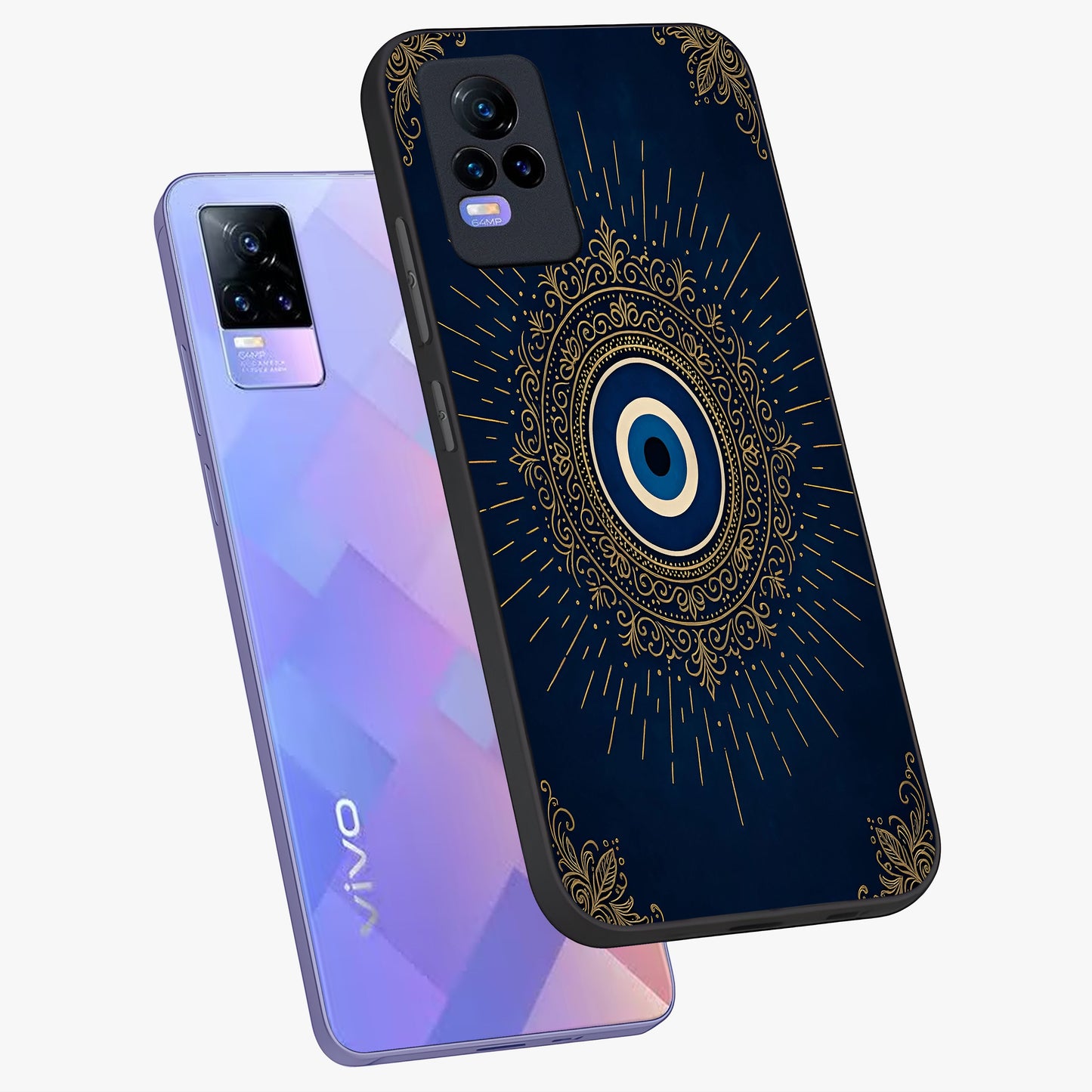 Golden Celestial Charm Glass Case displayed in angled mockup highlighting sparkling cosmic charm design with celestial aesthetic.