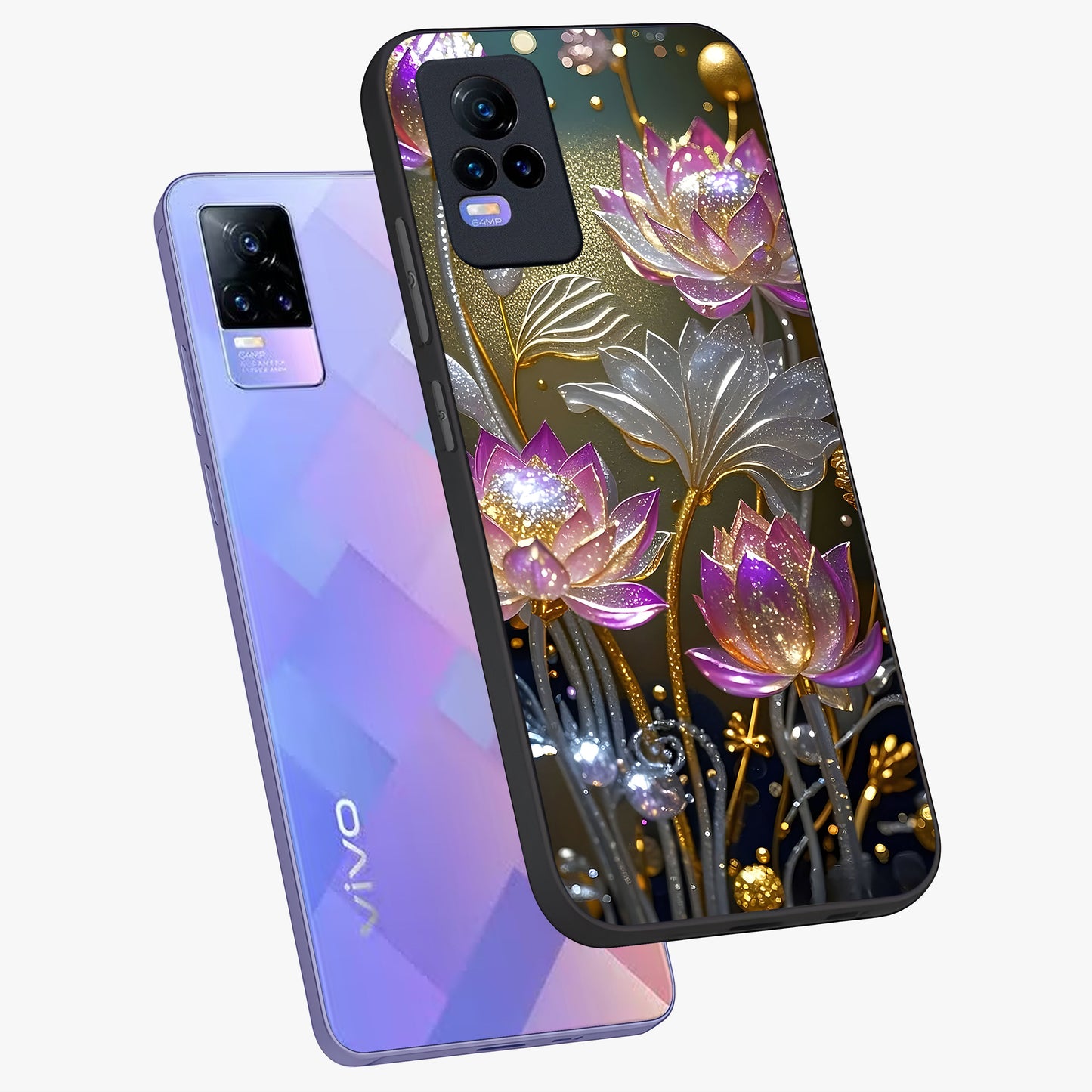 Golden Floral Majesty Glass Case displayed in angled mockup highlighting elegant flower design with royal golden aesthetic.