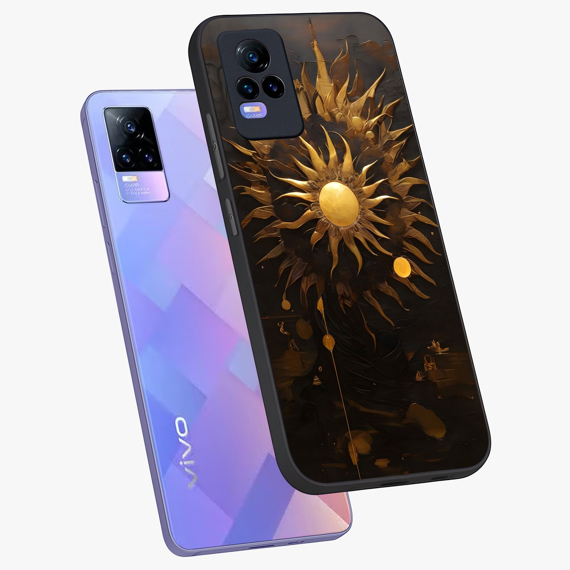 Golden Sun Majesty Glass Case displayed in angled mockup highlighting eerie shadow illustration with gothic aesthetic.