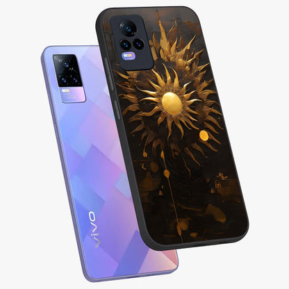 Golden Sun Majesty Glass Case displayed in angled mockup highlighting eerie shadow illustration with gothic aesthetic.