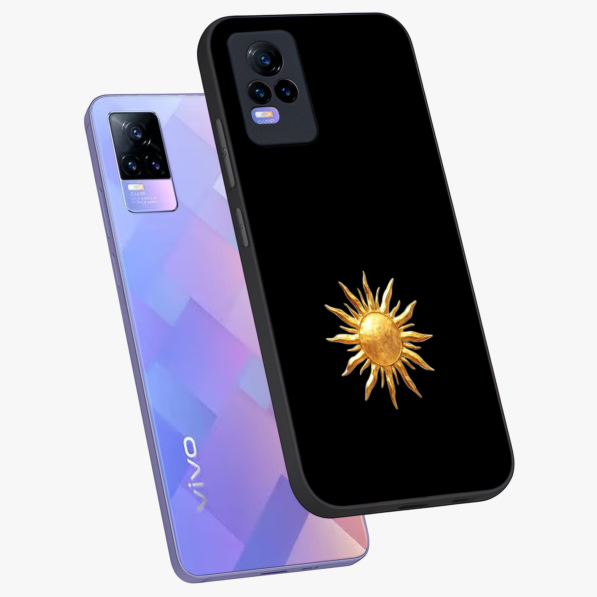 Golden Sun Minimalism Glass Case displayed in angled mockup highlighting eerie shadow illustration with gothic aesthetic.