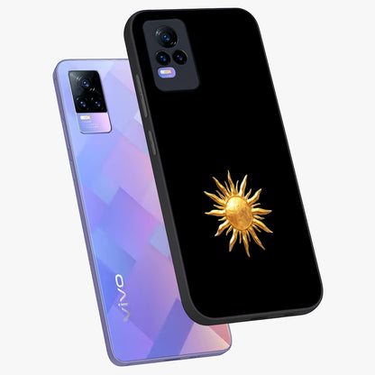 Golden Sun Minimalism Glass Case displayed in angled mockup highlighting eerie shadow illustration with gothic aesthetic.