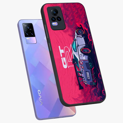 GT-R Car Pattern Glass Case displayed in angled mockup highlighting racing car graphic design with bold automotive aesthetic.