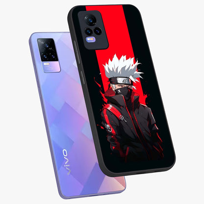 Kakashi Scarlet Shadow Glass Case displayed in angled mockup highlighting dramatic ninja illustration with scarlet themed aesthetic.