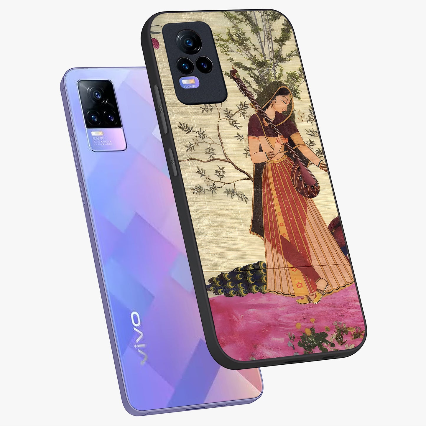 Lady With Veena Art Glass Case displayed in angled mockup highlighting graceful musical illustration with cultural artistic aesthetic.