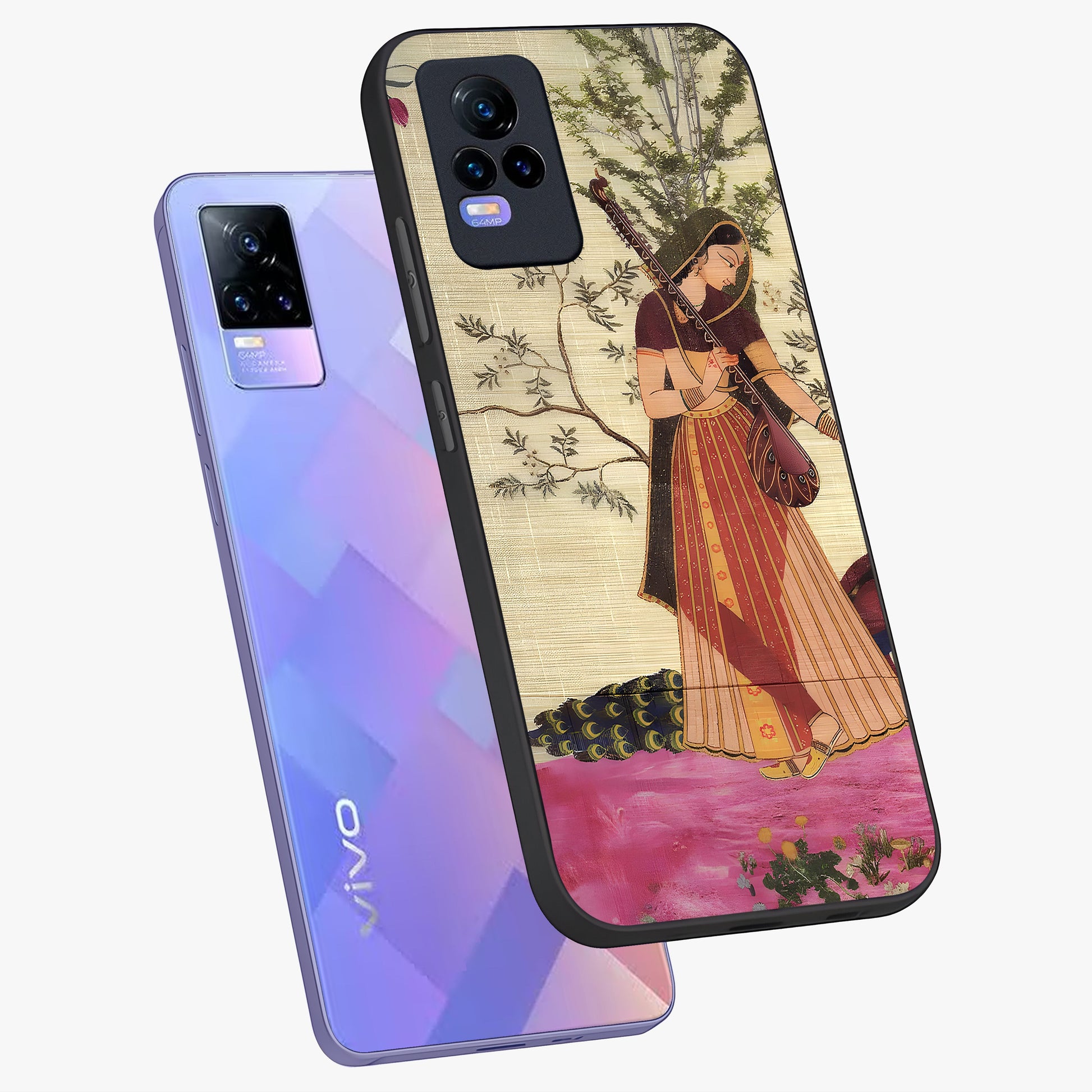 Lady With Veena Art Glass Case displayed in angled mockup highlighting graceful musical illustration with cultural artistic aesthetic.