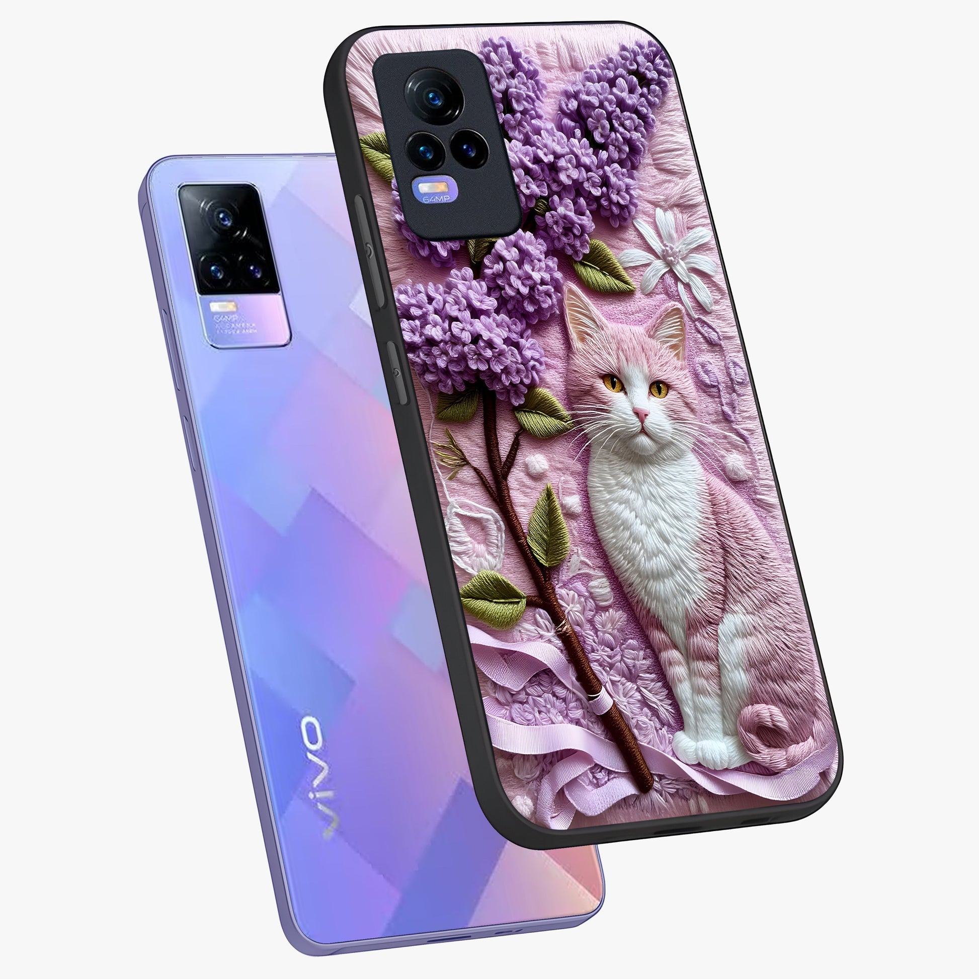 Lavender Cat Whimsy Glass Case displayed in angled mockup highlighting playful feline illustration with pastel lavender aesthetic.