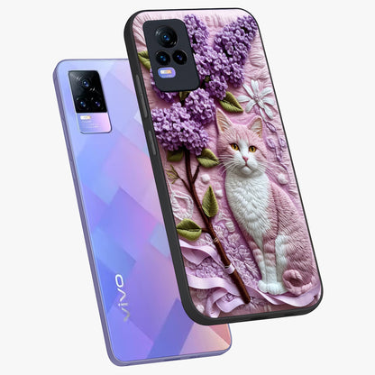 Lavender Cat Whimsy Glass Case displayed in angled mockup highlighting playful feline illustration with pastel lavender aesthetic.