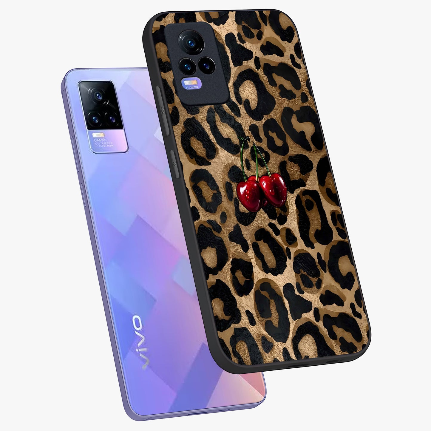 Leopard Wild Cherry Glass Case displayed in angled mockup highlighting bold animal print design with playful cherry aesthetic.