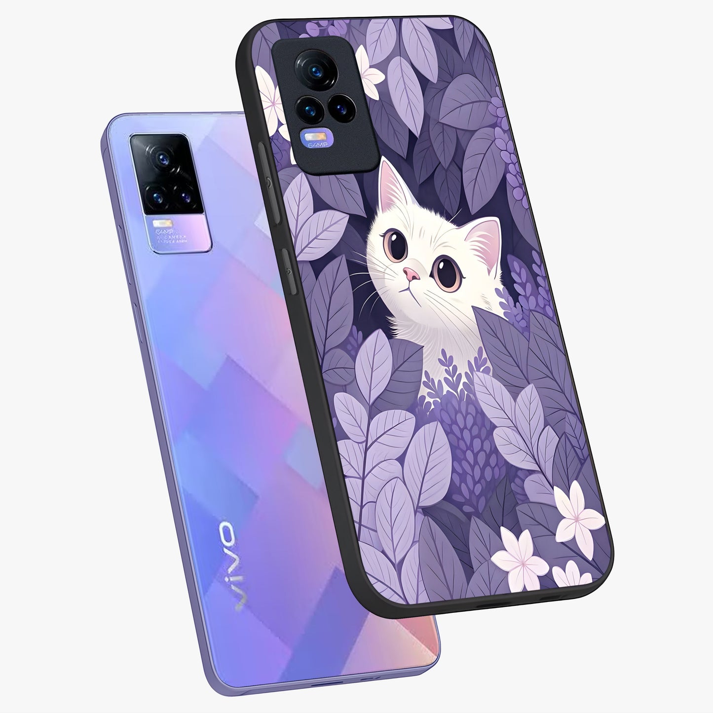 Lilac Hide Peek Cat Glass Case displayed in angled mockup highlighting playful feline illustration with lilac aesthetic design.