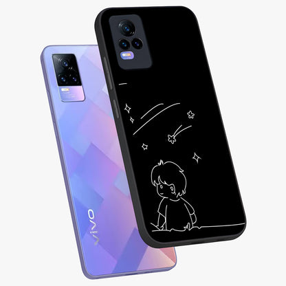 Line Art Boy With Shooting Stars Glass Case displayed in angled mockup highlighting elegant line art design with dreamy star aesthetic.
