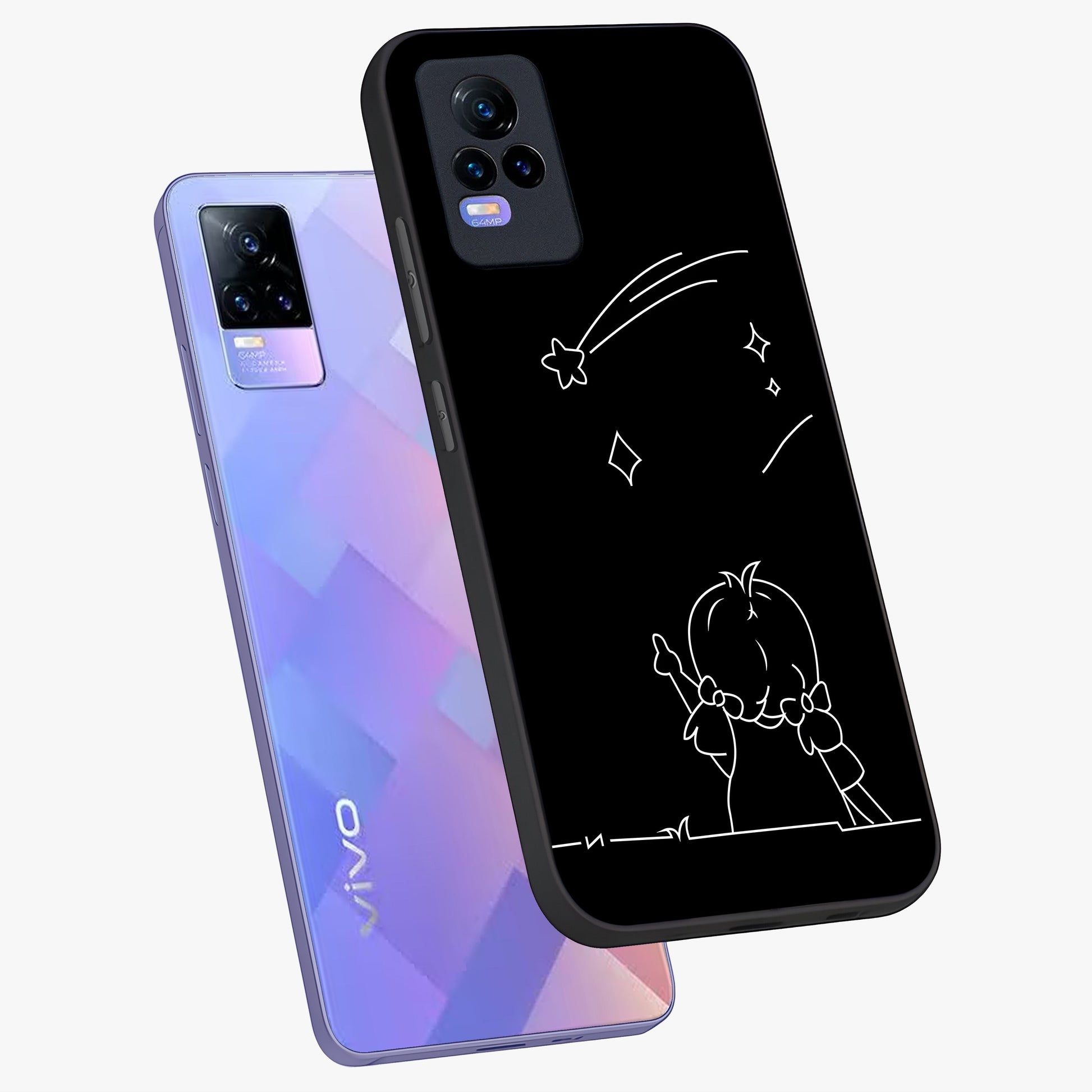 Line Art Girl With Shooting Stars Glass Case displayed in angled mockup highlighting elegant line art design with dreamy star aesthetic.
