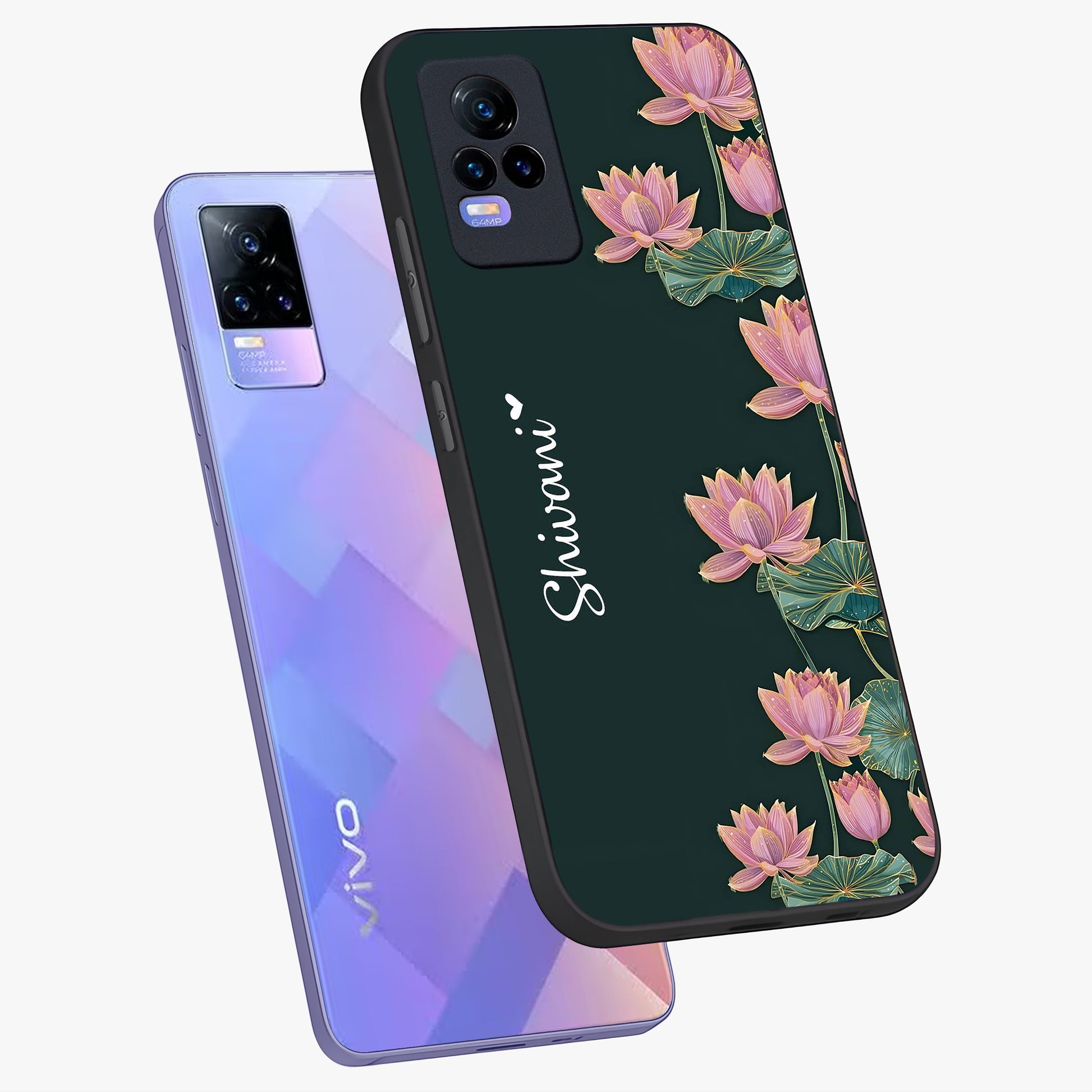Lotus Bloom Serenity Custom Name Glass Case displayed in angled mockup highlighting graceful lotus illustration with custom name feature.