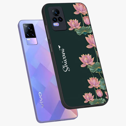 Lotus Bloom Serenity Custom Name Glass Case displayed in angled mockup highlighting graceful lotus illustration with custom name feature.